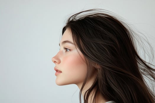 Profile shot of a beautiful young brunette with wind-swept hair against a white backdrop. photo