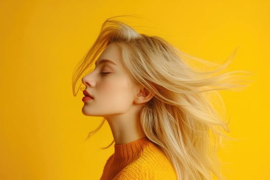 Profile portrait of a blonde woman with hair flowing in the wind on a yellow backdrop. photo