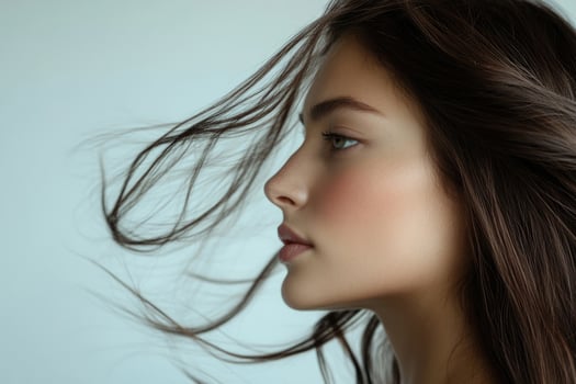Elegant brunette profile with flowing hair. photo