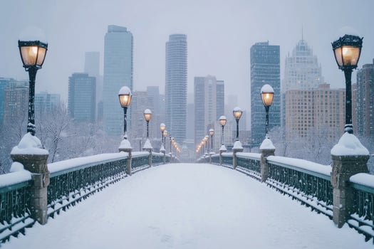 A city bridge covered in snow with the skyline in the background. photo
