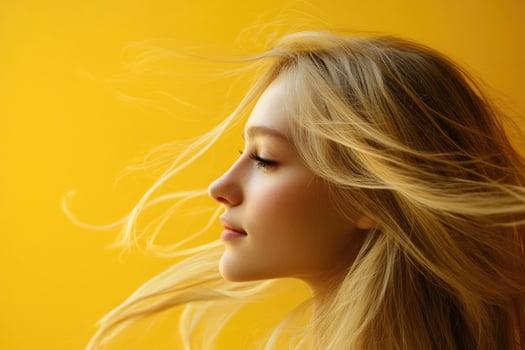 Profile portrait of a blonde woman with hair flowing in the wind on a yellow backdrop. photo