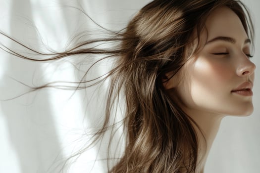 Elegant brunette profile with flowing hair. photo