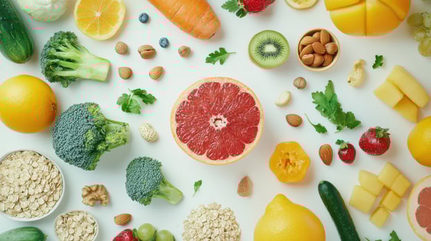 Variety of Fresh Fruits, Vegetables, Nuts, and Grains Arranged Aesthetically on White Background for Healthy Eating Inspiration photo