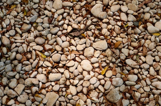 White small stones or pebbles on park ground flooring with dry brown leaves decoration isolated on full frame horizontal ratio background. photo