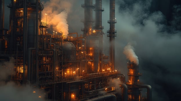 A wideangle shot of an oil refinery with extensive pipe networks photo