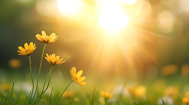 Flower field in sunlight, spring or summer garden background in closeup macro view or flowers meadow field in morning light photo