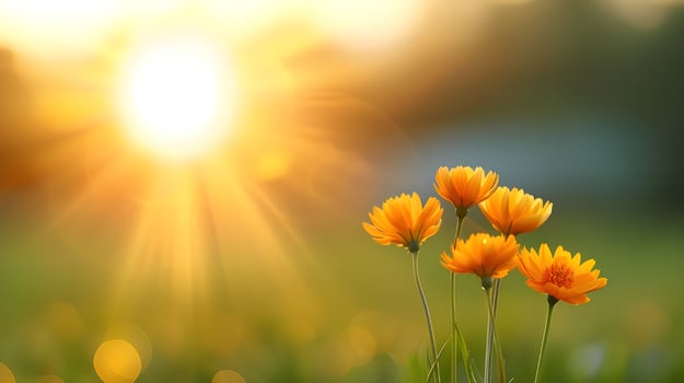 Flower field in sunlight, spring or summer garden background in closeup macro view or flowers meadow field in morning light photo