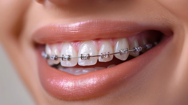 braces on clean teeth. beautiful girls lips photo