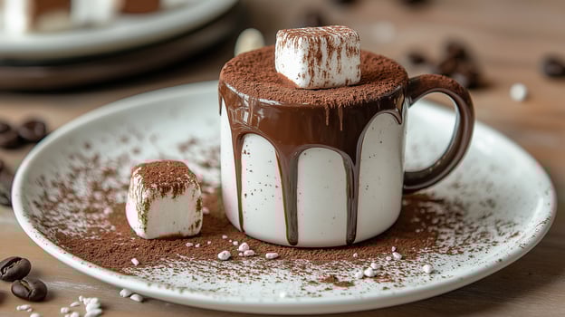 Cup of hot chocolate with marshmallows on white plate on a wooden table, closeup photo