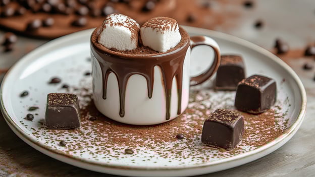 Cup of hot chocolate with marshmallows on white plate on white table, closeup photo