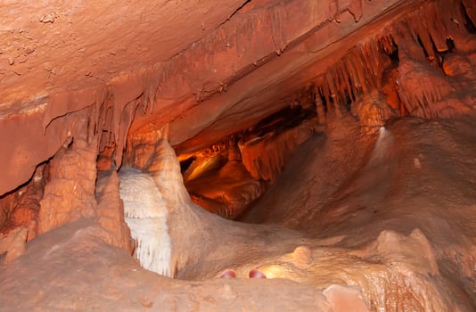 Calcite inlets, stalactites and stalagmites in large underground halls in Carlsbad Caverns NP, New Mexico photo