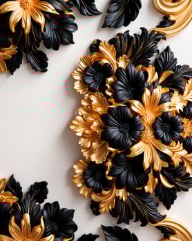 3D luxurious intricated floral frame in black and gold on a white background. Romantic wedding greeting card background. Flower Baroque decorations. AI-Generated photo
