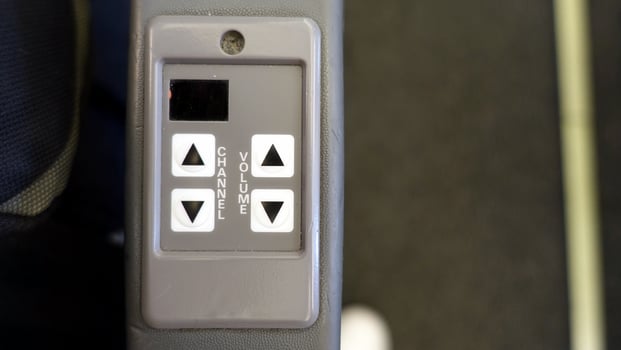 Audio control on an armrest of an airplane chair. photo
