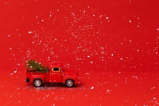 Red toy truck with Christmas fir branch in its trunk. photo