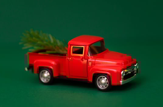 Red toy truck with Christmas fir branch in its trunk. photo