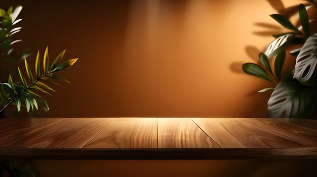 Empty wooden table on abstract orange background for product presentation, space for a montage showing the product photo