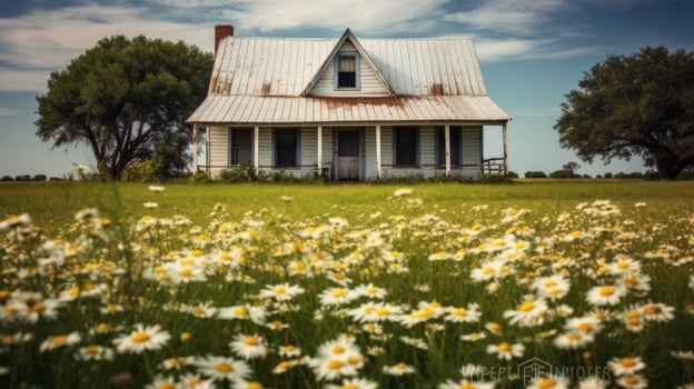 Vintage farmhouse amidst a field of daisies photo