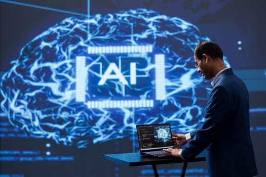 Computer scientist analyzing complex AI brain models on laptop. IT professional using machine learning software on notebook device to develop artificial intelligence technology photo