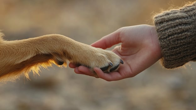 A hand is holding a dog's paw photo