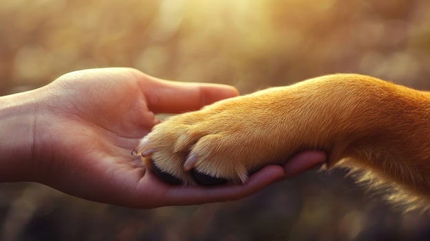 A hand is holding a dog's paw photo