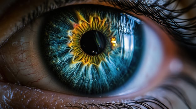Close-Up of a Woman's Blue Eye with Macro Detail and Beautiful Eyelashes. photo