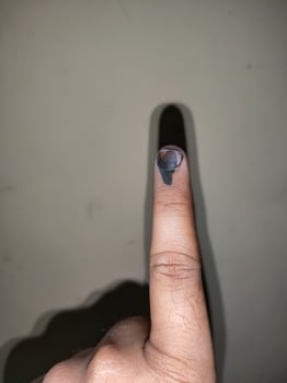 Young voter showing her ink-marked fingers after casting votes near polling booth of east Delhi, India for general Lok Sabha Elections 2024 photo