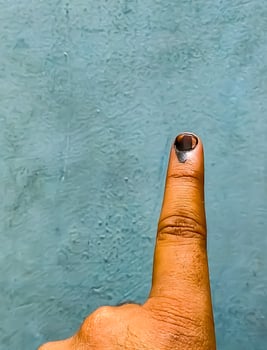 Young voter showing her ink-marked fingers after casting votes near polling booth of east Delhi, India for general Lok Sabha Elections 2024 photo