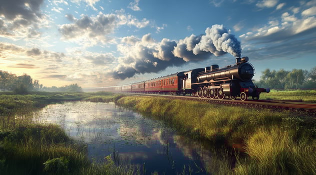 An old train on the railway track, countryside landscape with a beautiful sky, photo realistic