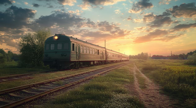 An old train on the railway track, countryside landscape with a beautiful sky, photo realistic