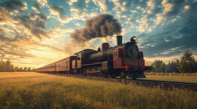 An old train on the railway track, countryside landscape with a beautiful sky, photo realistic