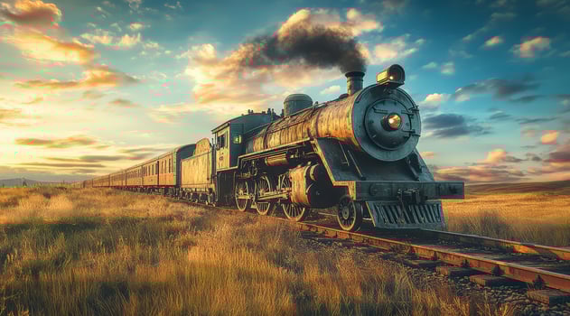 An old train on the railway track, countryside landscape with a beautiful sky, photo realistic