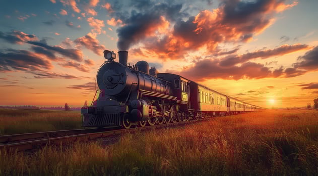 An old train on the railway track, countryside landscape with a beautiful sky, photo realistic