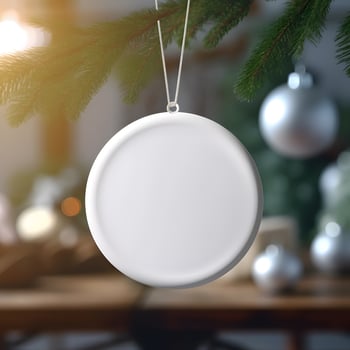 White blank round ceramic christmas ornament mockup. Hanging ceramic christmas element with christmas tree scene blurred background. photo