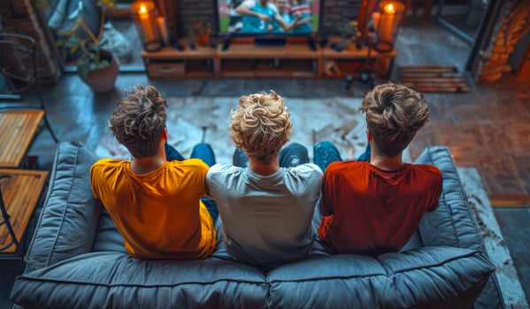 Three young men are sitting on a couch watching television photo
