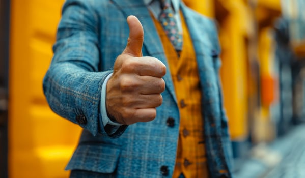 A man wearing a blue jacket and a yellow vest is giving a thumbs up photo
