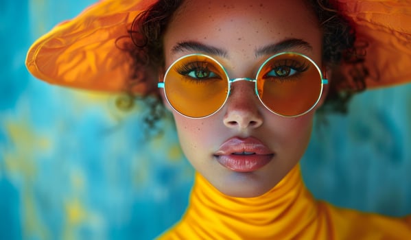 A woman wearing a yellow hat and orange sunglasses. She has a greenish tint to her eyes photo