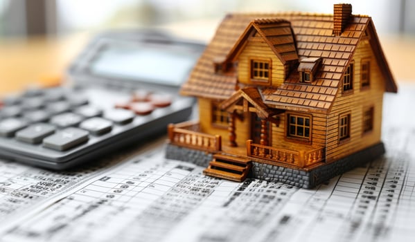 A calculator and a house model are on a piece of paper photo