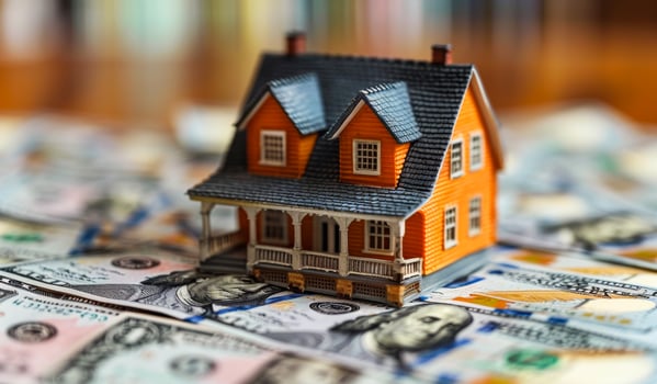 A small house is on top of a pile of money photo