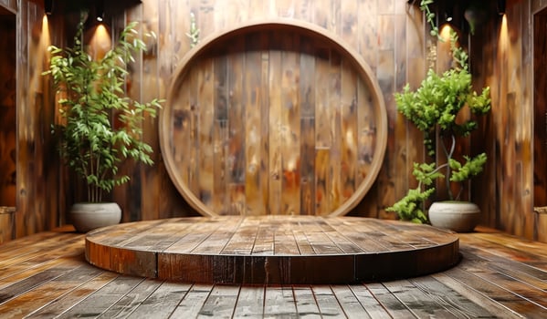 A wooden room with a round table and potted plants. The room has a rustic and natural feel to it photo