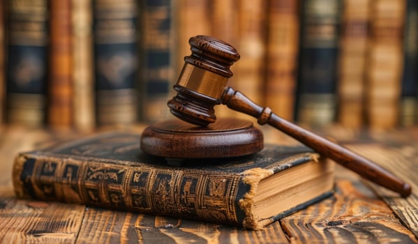 A wooden gavel rests on top of a book. The gavel is a symbol of authority and power, and the book represents knowledge and learning photo