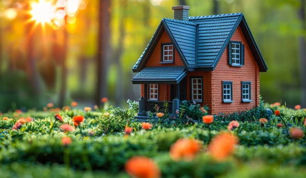 A small house is sitting in a field of flowers. The house is surrounded by orange flowers and green grass. photo