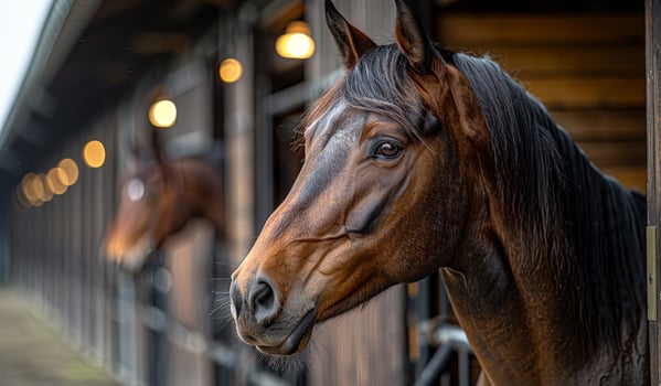 A brown horse with a white face stands in a barn. The barn is dark and the horse appears to be looking at the camera photo