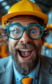 A man with a yellow hard hat and green glasses is smiling and laughing. He is wearing a blue shirt and a gray jacket photo