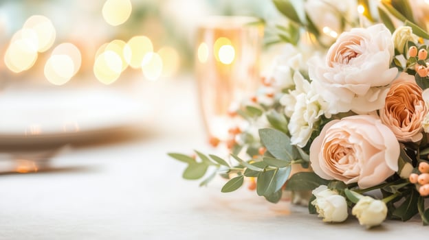 Elegant floral arrangement featuring pastel roses and greenery, perfect for weddings or special occasions. photo
