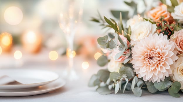 A beautifully arranged floral centerpiece featuring soft hues, perfect for weddings, events, or romantic celebrations. photo