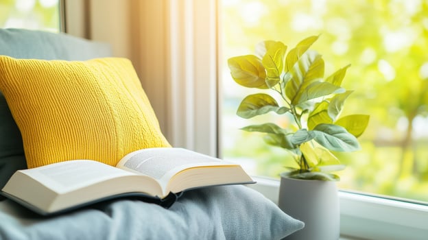 A cozy reading nook featuring an open book, vibrant pillow, and a green plant, perfect for relaxation and inspiration. photo