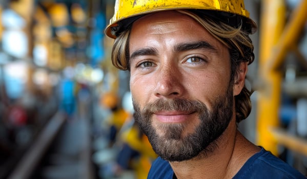A man with a yellow hard hat is smiling. He is wearing a blue shirt and has a beard photo