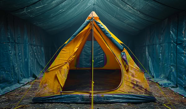 A yellow tent is in the middle of a blue room. The tent is open and has a yellow roof photo