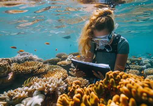 A woman in a mask and goggles is reading a book while underwater photo