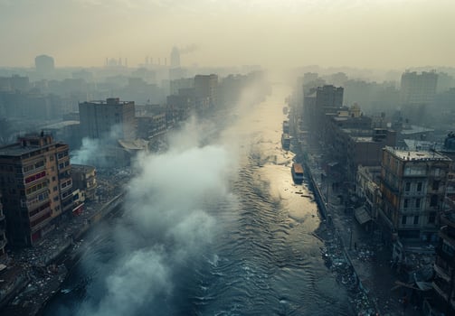 A river with smoke coming out of it photo